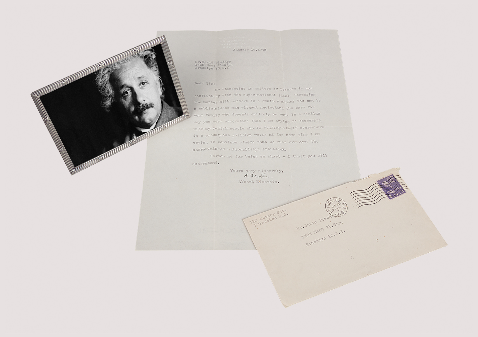 <p>Albert Einstein. Typed Letter Signed.</p>
<p>Containing his views on Zionism in relation to World Federalism.</p>
<p>Princeton, 19th January, 1946.</p>
<p>Sold at auction 14th June, 2018.</p>
<p>Hammer-price: $36,000.</p>